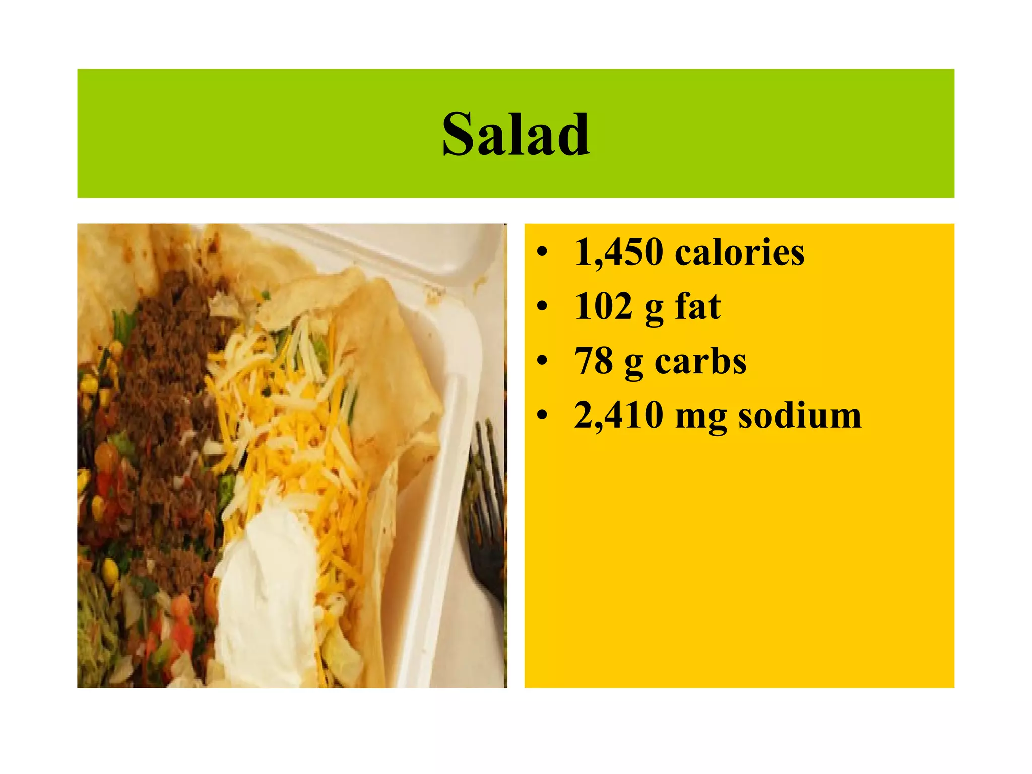 Salad 1,450 calories 102 g fat 78 g carbs 2,410 mg sodium   