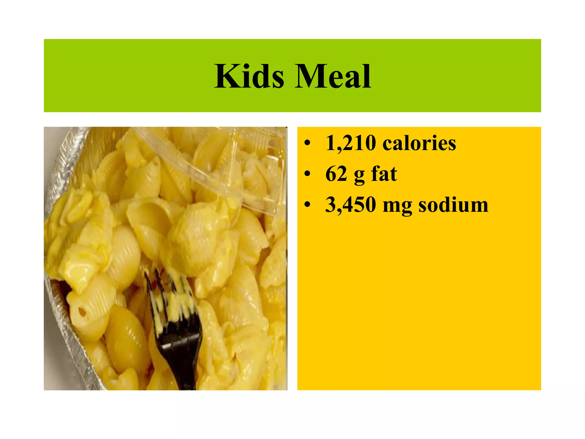 Kids Meal 1,210 calories 62 g fat 3,450 mg sodium   