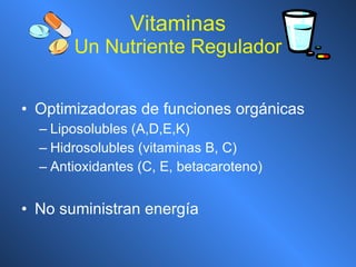 Optimizadoras de funciones orgánicas Liposolubles (A,D,E,K) Hidrosolubles (vitaminas B, C)  Antioxidantes (C, E, betacaroteno) No suministran energía Vitaminas Un Nutriente Regulador 