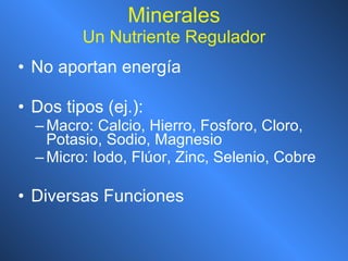 Minerales Un Nutriente Regulador No aportan energía Dos tipos (ej.):  Macro:  Calcio, Hierro, Fosforo, Cloro, Potasio, Sodio, Magnesio Micro: Iodo, Flúor, Zinc, Selenio, Cobre Diversas Funciones 