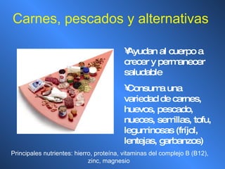 Carnes, pescados y alternativas Ayudan al cuerpo a crecer y permanecer saludable Consuma una variedad de carnes, huevos, pescado, nueces, semillas, tofu, leguminosas (fríjol, lentejas, garbanzos)  Principales nutrientes: hierro, proteína, vitaminas del complejo B (B12), zinc, magnesio  