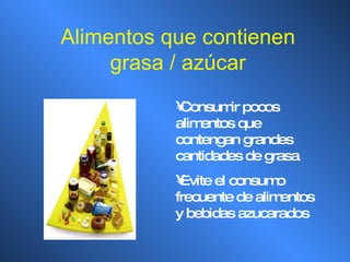 Alimentos que contienen grasa / azúcar Consumir pocos alimentos que contengan grandes cantidades de grasa Evite el consumo frecuente de alimentos y bebidas azucarados 