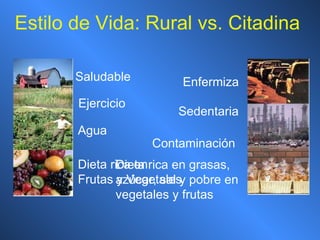 Estilo de Vida: Rural vs. Citadina Saludable Ejercicio Agua Dieta rica en Frutas y Vegetales Enfermiza Sedentaria Contaminación Dieta rica en grasas, azúcar, sal y pobre en vegetales y frutas 