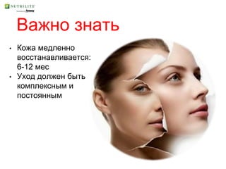 Важно знать
• Кожа медленно
восстанавливается:
6-12 мес
• Уход должен быть
комплексным и
постоянным
 