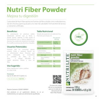 39
Cada sobre de Nutri Fiber aporta tres fuentes de fibra soluble como maltodextrina,
raíz de chicoria y goma guar para una vida más saludable. Fórmula libre de lactosa
y colorantes artificiales.
Su presentación en prácticos sobres
individuales permite que la lleves a
donde quieras. Además, la fibra ayuda al
funcionamiento de tu sistema digestivo y a
disminuir los niveles de colesterol en la sangre.
No modifica la textura de alimentos o líquidos.
Personas que no consuman granos
enteros, frutas y verduras frescas en
su alimentación diaria. Personas que
estén interesadas en incrementar
la cantidad de fibra en su
dieta o tengan dificultad de
ingerir alimentos sólidos y ricos en
fibra.
Beneficios:
Niños mayores de 12 años y adultos:
Un sobre al día.
Uso Sugerido:
Usuarios Potenciales:
Nutri Fiber Powder
No. de Artículo / 102736
Presentación
Caja con 30 sobres de 4.5 gramos c/u.
Mejora tu digestión
39
Contenido Energético 66,98kj
(16kcal)
Proteínas 0g
Grasas (lípidos) 0g
Carbohidratos
(hidratos de carbono)
4g
Del cual:
Fibra dietética
total
4g
Fibra soluble 4g
Fibra insoluble 0g
Sodio 0g
Tabla Nutricional
Tamaño de la porción: Un sobre de 4.5g
Porciones por envase: 30
Por porción
de 4,5g
FIBRA
Escanea este código
QR con tu smartphone
para ver el video de la
demostración del
Nutri Fiber Powder.Este producto es un suplemento dietario, no es un
medicamento y no suple una alimentación equilibrada.
Registro Sanitario: SD2007-0000061
 