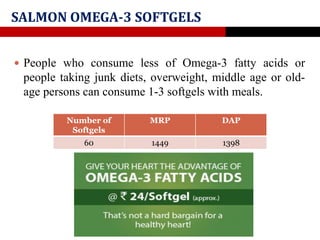 SALMON OMEGA-3 SOFTGELS
 People who consume less of Omega-3 fatty acids or
people taking junk diets, overweight, middle age or old-
age persons can consume 1-3 softgels with meals.
Number of
Softgels
MRP DAP
60 1449 1398
 