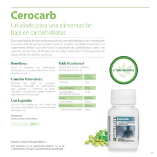 35
Usuarios Potenciales:
Personas que sigan un programa
alimenticio restringido en carbohidratos,
para alcanzar o mantener un peso
saludable o sencillamente deseen mantener
una alimentación balanceada.
Beneficios:
Ayuda a mantener una alimentación
balanceada y a controlar carbohidratos como
almidón y azúcar.
Es un auxiliar para llevar una alimentación baja en carbohidratos, y en combinación
con una rutina de ejercicio podrás mantener un peso saludable. Cerocarb es un
suplemento dietario que disminuye la absorción de carbohidratos como son
azúcares, las harinas y el almidón con tan sólo consumirlo 10 minutos antes de
cada comida. Sin aditivos químicos.
Cerocarb
De una a tres tabletas en cada comida que
contenga carbohidratos. No exceder de nueve
tabletas por día.
Uso Sugerido:
Contenido Energético 27,63kJ
(6,6kcal)
Proteínas 0,3g
Grasas (lípidos) 0,07g
Carbohidratos
(hidratos de carbono)
1,18g
Sodio 4,38mg
Polvo de frijol 500mg
Polvo de soya 300mg
Concentrado de perejil 30mg
Tabla Nutricional
Tamaño de la porción: 3 tabletas
Porciones por envase: 20
Presentación
Botella plástica con 60 tabletas
No. de Artículo / 106542
Un aliado para una alimentación
baja en carbohidratos
FITONUTRIENTES
Registro Sanitario: PUE2006-0000015
Este producto es un suplemento dietario, no es un
medicamento y no suple una alimentación equilibrada.
 