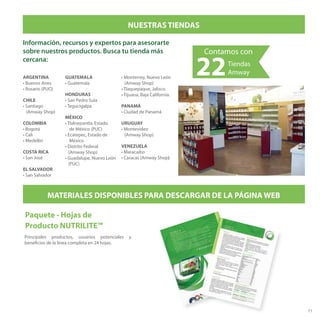 71
Información, recursos y expertos para asesorarte
sobre nuestros productos. Busca tu tienda más
cercana:
NUESTRAS TIENDAS
MATERIALES DISPONIBLES PARA DESCARGAR DE LA PÁGINA WEB
HONDURAS
• San Pedro Sula
• Tegucigalpa
MÉXICO
• Tlalnepantla, Estado
de México (PUC)
• Ecatepec, Estado de
México
• Distrito Federal
(Amway Shop)
• Guadalupe, Nuevo León
(PUC)
ARGENTINA
• Buenos Aires
• Rosario (PUC)
COSTA RICA
• San José
EL SALVADOR
• San Salvador
PANAMÁ
• Ciudad de Panamá
URUGUAY
• Montevideo
(Amway Shop)
VENEZUELA
• Maracaibo
• Caracas (Amway Shop)
GUATEMALA
• Guatemala
CHILE
• Santiago
(Amway Shop)
COLOMBIA
• Bogotá
• Cali
• Medellín
Contamos con
Tiendas
Amway22• Monterrey, Nuevo León
(Amway Shop)
• Tlaquepaque, Jalisco.
• Tijuana, Baja California.
Paquete - Hojas de
Producto NUTRILITE™
Principales productos, usuarios potenciales y
beneficios de la línea completa en 24 hojas.
 
