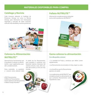 72
Folleto NUTRILITE™
MATERIALES DISPONIBLES PARA COMPRA
Gama colorea tu alimentación
3
Cebo
lla
Champiñones
Rábano
Frijoles
Blanco
Ch
icoria
Ajo
Coliﬂor
Frijo
les
Carita
Pera
Nabo
NUTRIC
IÓ
N
Y
BIE
NESTAR
PARA
TU
BUENA
CIR
CULACIÓ
N,
FUNCIÓ
N
ARTERIA
L
Y
SIS
TEM
A
ÓSEO.
ALIC
INA
QUERC
ETINA
2
Es tiem
po de que incluyas un nuevo plan alim
enticio
para
obte
ner
to
do el poder de los fito
nutriente
s, los cuales son nutriente
s
natu
rales que dan color a las fruta
s y verd
uras, ofreciéndote
una
pro
te
cción antioxidante
y ayudándote
a m
ante
ner una salud óptim
a.
Para
obte
ner una gam
a com
pleta
de fito
nutriente
s, inte
nta
consum
ir
alim
ento
s de los colore
s del arco iris
to
dos los días.
En tu
nuevo plan de alim
enta
ción, solam
ente
divide las fruta
s y las verd
uras
en cinco gru
pos: Rojo, Anaranjado/A
m
arillo, Verd
e, Azul/Violeta
y Blanco.
Com
e por lo
m
enos una de cada color y elige difere
nte
s variedades.
Y para
com
plem
enta
r tu
nutrición entre lo
que necesitas y lo
que
re
alm
ente
consum
es, incluye diariam
ente
en tu
alim
enta
ción
suplem
ento
s NUTRILITE TM
, los cuales contienen fito
nutriente
s que se
conservan y apro
vechan al m
áxim
o a través de to
do el pro
ceso,
desde la
sem
illa
hasta
el suplem
ento
.
Continúa leyendo para
descubrir cuáles son las fruta
s, verd
uras
y pro
ducto
s NUTRILITE TM
que contienen fito
nutriente
s para
satisfacer tu
s necesidades nutricionales. NUTRILITE TM
está
org
ulloso de que los fito
nutriente
s hayan sido los
elem
ento
s fu
ndam
enta
les de nuestros suplem
ento
s
alim
enticios por m
ás de 75 años.
En tu
nuevo plan de alim
enta
ción, solam
ente
divide las fruta
s y las verd
uras
2
Es tiem
po de que incluyas un nuevo plan alim
enticio
para
obte
ner
to
do el poder de los fito
nutriente
s, los cuales son nutriente
s
natu
rales que dan color a las fruta
s y verd
uras, ofreciéndote
una
pro
te
cción antioxidante
y ayudándote
a m
ante
ner una salud óptim
a.
Para
obte
ner una gam
a com
pleta
de fito
nutriente
s, inte
nta
consum
ir
alim
ento
s de los colore
s del arco iris
to
dos los días.
En tu
nuevo plan de alim
enta
ción, solam
ente
divide las fruta
s y las verd
uras
en cinco gru
pos: Rojo, Anaranjado/A
m
arillo, VeVeV
rd
e, Azul/Violeta
y Blanco.
Com
e por lo
m
enos una de cada color y elige difere
nte
s variedades.
Y para
com
plem
enta
r tu
nutrición entre lo
que necesitas y lo
que
re
alm
ente
consum
es, incluye diariam
ente
en tu
alim
enta
ción
suplem
ento
s NUTRILITE TM
, los cuales contienen fito
nutriente
s que se
conservan y apro
vechan al m
áxim
o a través de to
do el pro
ceso,
desde la
sem
illa
hasta
el suplem
ento
.
Continúa leyendo para
descubrir cuáles son las fruta
s, verd
uras
y pro
ducto
s NUTRILITE TM
que contienen fito
nutriente
s para
satisfacer tu
s necesidades nutricionales. NUTRILITE TM
está
org
ulloso de que los fito
nutriente
s hayan sido los
elem
ento
s fu
ndam
enta
les de nuestros suplem
ento
s
alim
enticios por m
ás de 75 años.
GAMA
DE
FITONUTRIENTES
NUTRILITE TM
Colorea tu Alimentación
NUTRILITE™
Aprovecha las herramientas que
te ayudarán a colorear tu alimen-
tación y qué suplementos pue-
den complementarla.
Estos materiales te ayudarán
a conocer cómo obtener todo
el poder de los fitonutrientes,
para ayudarte a mantener una
bienestar óptimo: bienestar del
sistema inmune, óseo, del cora-
zón, de la visión y a vivir con más
energía.
• DVD Fitonutrientes
• Folleto de Fitonutrientes
• Gama (abanico) de Fitonutrientes.
• Folleto Granjas Nutrilite™
•LossuplementosdeNUTRILITE™que
complementarán tu alimentación, ya
que contienen fitonutrientes como
ingredientes clave.
Con ella podrás conocer:
• La variedad de frutas y verduras que debes comer
regularmente.
• Los fitonutrientes encontrados en éstas, según su color.
• Los beneficios que los fitonutrientes
aportan a la salud.
Informacióncomplementariayrelevante
acerca de los productos NUTRILITE.™
Catálogo y Revista
Cada trimestre adquiere el Catálogo de
Productos Amway, así como tu Revista
Amway, para informarte con interesantes
reportajes y artículos de sobre nutrición,
estilodevidasaludableynuestrosproductos.
En vacacionEs,
cuida tu rostro
JuLio |2013
México
cuida EL pLanEtay ahorra
con Los cuatro piLarEs dE LasaLud óptiMa, Es Más fáciL.
¡Gánale ala balanza!cconon
saL
¡Gánale a¡Gánale a¡Gánale a¡Gánale a¡Gánale a¡Gánale a¡Gánale a¡Gánale ala balanza!
la balanza!
la balanza!
la balanza!
la balanza!
 