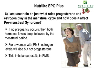 Nutrilite EPO Plus 8) I am uncertain on just what roles progesterone and estrogen play in the menstrual cycle and how does it affect Pre-menstrual Syndrome? If no pregnancy occurs, then both hormonal levels drop, followed by the menstrual period. For a woman with PMS, estrogen levels will rise but not progesterone. This imbalance results in PMS. 
