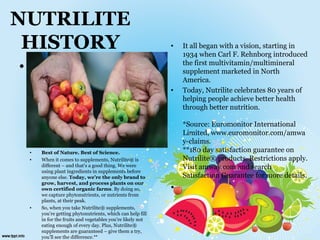 NUTRILITE
HISTORY
• Text
• It all began with a vision, starting in
1934 when Carl F. Rehnborg introduced
the first multivitamin/multimineral
supplement marketed in North
America.
• Today, Nutrilite celebrates 80 years of
helping people achieve better health
through better nutrition.
*Source: Euromonitor International
Limited, www.euromonitor.com/amwa
y-claims.
**180 day satisfaction guarantee on
Nutrilite® products. Restrictions apply.
Visit amway.com and search
Satisfaction Guarantee for more details.
•
• Best of Nature. Best of Science.
• When it comes to supplements, Nutrilite® is
different – and that’s a good thing. We were
using plant ingredients in supplements before
anyone else. Today, we’re the only brand to
grow, harvest, and process plants on our
own certified organic farms. By doing so,
we capture phytonutrients, or nutrients from
plants, at their peak.
• So, when you take Nutrilite® supplements,
you’re getting phytonutrients, which can help fill
in for the fruits and vegetables you’re likely not
eating enough of every day. Plus, Nutrilite®
supplements are guaranteed – give them a try,
you’ll see the difference.**
 
