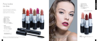 NC Express Batom
Nutrimetics 4g cada
1. 97053 - Anytime
2. 97054 - Be Ready
3. 97050 - In a Minute
4. 97049 - Quick Nude
5. 97051 - Hurry Up
6. 97048 - Sunday Morning
Preço sugerido: R$ 39,00 cada
NC Express Batom
Nutrimetics 4g cada
8. 97047 - Day by Day
9. 97056 - Saturday Night
10.97055 - Rush
Preço sugerido: R$ 39,00 cada
Por: R$ 34,00 cada
A modelo está usando Primer Facial, Corretivo Líquido Medium, Base Líquida
Mineral Matte Biscotti, Pó Compacto Velvet Finish Mineral Maple e Blush Baked
Júpiter no rosto. NC Express Máscara para Cílios Alongadora nos olhos. NC
Express Batom Saturday Night nos lábios.
ncexpress
A linha NC Express foi inspirada na
relação das mulheres com produtos
práticos e essenciais que não
podem faltar em seu nécessaire.
Para todos
os dias
1.
2.
3.
4.
5.
6.
8.
9.
10.
7.
LANÇAMENTOS
Dermatologicamente e
Oftalmologicamente testado
7. 96994
NC Express Máscara
para Cílios Alongadora
Nutrimetics 7,5g
Preço sugerido: R$ 55,00
Efeito alongador
Atenção: a cor do batom pode variar de acordo com a forma de aplicação
do produto e com o tom dos lábios de cada mulher.
4 5
 