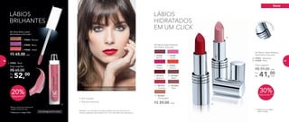 A modelo está usando Batom Hydra Brilliance Geranium.
• Alta ﬁxação
• Textura cremosa
*Retire a película protetora do
espelho antes de usar.
**Válido para o código 97022.
LÁBIOS
BRILHANTES
Atenção: a cor do batom e do gloss podem variar de acordo com a
forma de aplicação do produto e com o tom dos lábios de cada pessoa.
4.
Dermatologicamente testado
4. 97022 - Blush
52,00Por
R$
Preço sugerido:
R$ 65,00
20%Desconto**
30%Desconto***
***Válido para os códigos
97027 e 97028.
NC Batom Hydra Brilliance
Nutrimetics 3,5g cada
R$ 59,00 cada
5. 97030
Merlot
6. 97029
Candy
8. 97026
Salmon
7. 97031
Cherry
12. 901206
Dusk
10. 901209
Raisin
13. 901207
Champagne
11. 901014
Crimson
9. 901015
Bourbon
LÁBIOS
HIDRATADOS
EM UM CLICK
NC Gloss Brilho Labial
Nutrimetics 6,2ml cada*
R$ 65,00 cada
1. 97024 - Bronze
2. 97023 - Berry
3. 97025 - Peach
HIDRATADOS
CLICK
14.
15.
14. 97027 - Geranium
15. 97028 - Petal
41,00Por
R$
Preço sugerido:
R$ 59,00 cada
cada
NC Batom Hydra Brilliance
Nutrimetics 3,5g cada
Fechamento ma
gnético
boca
78 79
 