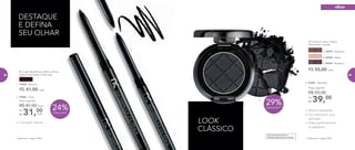 • Coloração intensa
DESTAQUE
E DEFINA
SEU OLHAR
Preço sugerido:
R$ 41,00 cada
Por
R$ 31,00
cada
2. 97005 - Preto
NC Lápis Retrátil para Olhos à Prova
d’água Nutrimetics 0,35g cada
R$ 41,00 cada
* Válido para o código 97005. ** Válido para o código 97001.
LOOK
CLÁSSICO
• Textura aveludada
• Cor intensa em uma
aplicação
• Adere perfeitamente
às pálpebras
Dermatologicamente e
Oftalmologicamente testado
3. 96997 - Espresso
NC Sombra Colour Impact
Nutrimetics 1g cada
5. 96999 - Mulberry
R$ 55,00 cada
4. 96998 - Ballet
6. 97001 - Midnight
39,00Por
R$
Preço sugerido:
R$ 55,00
29%Desconto**
24%Desconto*
6.
24%Desconto*
2.
1.
1. 97006 - Marrom
olhos
82 83
 