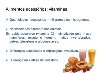 Alimentos acessórios: vitaminas 
 Quantidades necessárias – miligramas ou microgramas. 
 Necessidades diferente nos animais. 
Ex: acido ascórbico (vitamina C) – sintetizado pela > aos 
mamíferos, exceto o homem, muitos invertebrados, 
peixes teleósteos e algumas aves. 
 Diferenças associadas a implicações evolutivas. 
 Diferença na síntese de colesterol. 
 