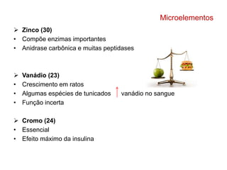 Microelementos 
 Zinco (30) 
• Compõe enzimas importantes 
• Anidrase carbônica e muitas peptidases 
 Vanádio (23) 
• Crescimento em ratos 
• Algumas espécies de tunicados vanádio no sangue 
• Função incerta 
 Cromo (24) 
• Essencial 
• Efeito máximo da insulina 
 