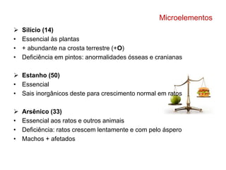 Microelementos 
 Silício (14) 
• Essencial às plantas 
• + abundante na crosta terrestre (+O) 
• Deficiência em pintos: anormalidades ósseas e cranianas 
 Estanho (50) 
• Essencial 
• Sais inorgânicos deste para crescimento normal em ratos 
 Arsênico (33) 
• Essencial aos ratos e outros animais 
• Deficiência: ratos crescem lentamente e com pelo áspero 
• Machos + afetados 
 