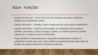 ÁGUA - FUNÇÕES
• Líquido intravascular – serve como meio de transporte de gases, nutrientes e
produtos do metabolismo celular;
• Líquido intracelular – compõe o meio no qual ocorrem os processos metabólicos;
• Líquido transcelular – lubrifica as articulações, as membranas serosas (pleura,
peritônio, pericárdio), o líquor protege o cérebro e a medula espinhal e distribui
substâncias no sistema nervoso central (SNC).
• A água também é importante para a regulação da temperatura corporal. O
metabolismo celular gera calor, que é perdido principalmente pela evaporação de
líquidos de maneira insensível ou através da sudorese.
 