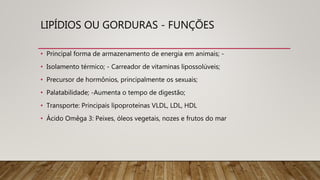 LIPÍDIOS OU GORDURAS - FUNÇÕES
• Principal forma de armazenamento de energia em animais; -
• Isolamento térmico; - Carreador de vitaminas lipossolúveis;
• Precursor de hormônios, principalmente os sexuais;
• Palatabilidade; -Aumenta o tempo de digestão;
• Transporte: Principais lipoproteínas VLDL, LDL, HDL
• Ácido Omêga 3: Peixes, óleos vegetais, nozes e frutos do mar
 
