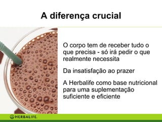 O corpo tem de receber tudo o que precisa - só irá pedir o que realmente necessita Da insatisfação ao prazer A Herbalife como base nutricional para uma suplementação suficiente e eficiente A diferença crucial 