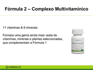 Fórmula 2 – Complexo Multivitamínico 11 vitaminas & 6 minerais Fornece uma gama ainda mais vasta de vitaminas, minerais e plantas seleccionadas, que complementam a Fórmula 1 