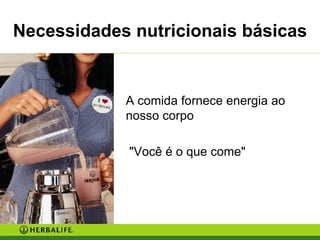Necessidades nutricionais básicas A comida fornece energia ao nosso corpo "Você é o que come" 