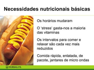 Necessidades nutricionais básicas Os horários mudaram O ‘stress‘ gasta-nos a maioria das vitaminas Os intervalos para comer e  relaxar são cada vez mais reduzidos Comida rápida, enlatada, de pacote, jantares de micro ondas 