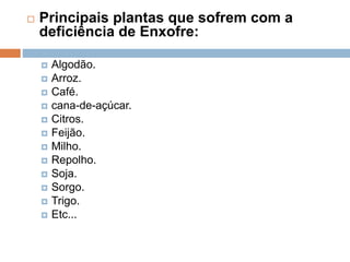  Principais plantas que sofrem com a
deficiência de Enxofre:
 Algodão.
 Arroz.
 Café.
 cana-de-açúcar.
 Citros.
 Feijão.
 Milho.
 Repolho.
 Soja.
 Sorgo.
 Trigo.
 Etc...
 