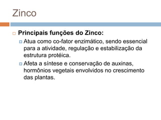 Zinco
 Principais funções do Zinco:
 Atua como co-fator enzimático, sendo essencial
para a atividade, regulação e estabilização da
estrutura protéica.
 Afeta a síntese e conservação de auxinas,
hormônios vegetais envolvidos no crescimento
das plantas.
 