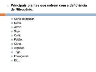  Principais plantas que sofrem com a deficiência
de Nitrogênio:
 Cana de açúcar.
 Milho.
 Arroz.
 Soja.
 Café.
 Feijão.
 Citros.
 Algodão.
 Trigo.
 Forrageiras.
 Etc...
 