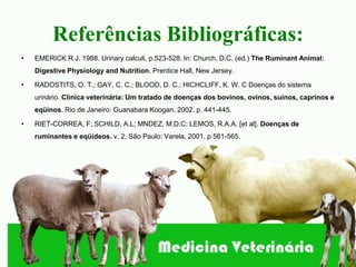 Referências Bibliográficas:
•   EMERICK R.J. 1988. Urinary calculi, p.523-528. In: Church, D.C. (ed.) The Ruminant Animal:
    Digestive Physiology and Nutrition. Prentice Hall, New Jersey.

•   RADOSTITS, O. T.; GAY, C. C.; BLOOD, D. C.; HICHCLIFF, K. W. C Doenças do sistema
    urinário. Clinica veterinária: Um tratado de doenças dos bovinos, ovinos, suínos, caprinos e
    eqüinos. Rio de Janeiro: Guanabara Koogan, 2002. p. 441-445.

•   RIET-CORREA, F; SCHILD, A.L; MNDEZ, M.D.C; LEMOS, R.A.A. [et al]. Doenças de
    ruminantes e eqüídeos. v. 2, São Paulo: Varela, 2001, p 561-565.
 
