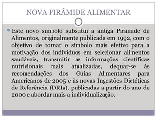 NOVA PIRÂMIDE ALIMENTAR
Este novo símbolo substitui a antiga Pirâmide de
Alimentos, originalmente publicada em 1992, com o
objetivo de tornar o símbolo mais efetivo para a
motivação dos indivíduos em selecionar alimentos
saudáveis, transmitir as informações científicas
nutricionais mais atualizadas, dequar-se às
recomendações dos Guias Alimentares para
Americanos de 2005 e às novas Ingestões Dietéticas
de Referência (DRIs), publicadas a partir do ano de
2000 e abordar mais a individualização.
 