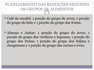 PLANEJAMENTO DAS REFEIÇÕES SEGUNDO
OS GRUPOS DE ALIMENTOS
Café da manhã: 1 porção do grupo do arroz, 1 porção
do grupo do leite e 1 porção do grupo das frutas;
Almoço e Jantar: 1 porção do grupo do arroz; 1
porção do grupo das verduras e legumes; 1 porção do
grupo das frutas; 1 porção do grupo dos feijões e
oleaginosas e 1 porção do grupo das carnes e ovos;
 