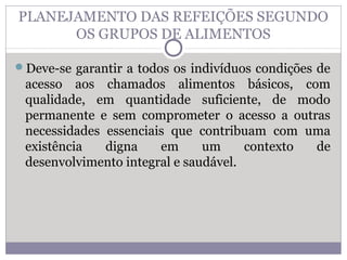 PLANEJAMENTO DAS REFEIÇÕES SEGUNDO
OS GRUPOS DE ALIMENTOS
Deve-se garantir a todos os indivíduos condições de
acesso aos chamados alimentos básicos, com
qualidade, em quantidade suficiente, de modo
permanente e sem comprometer o acesso a outras
necessidades essenciais que contribuam com uma
existência digna em um contexto de
desenvolvimento integral e saudável.
 