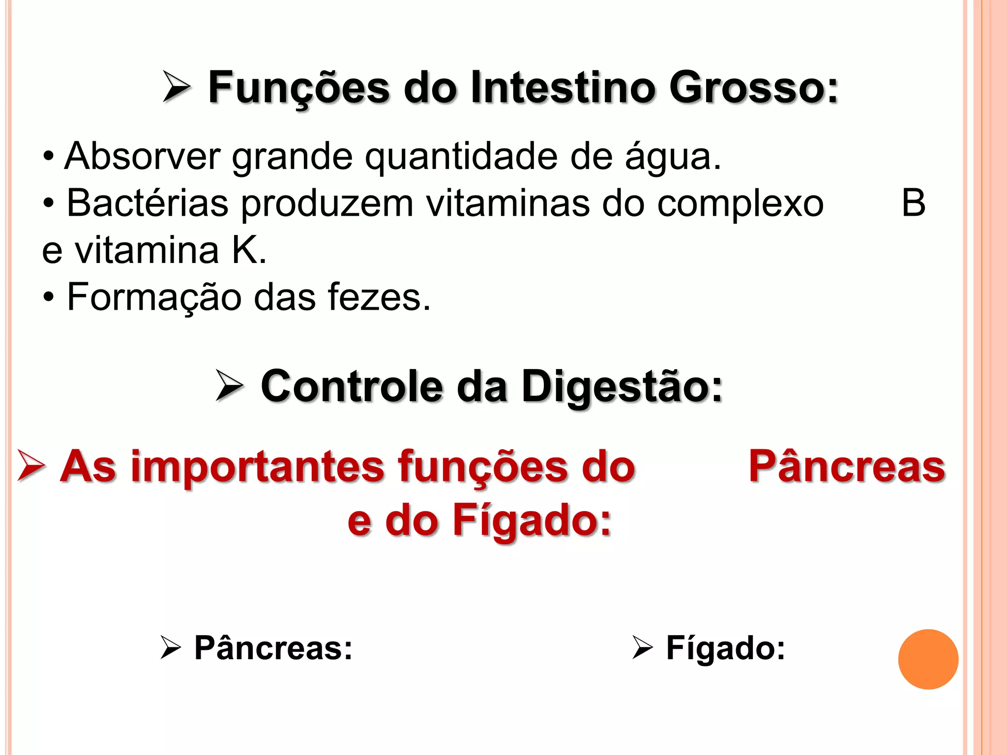  Funções do Intestino Grosso:
• Absorver grande quantidade de água.
• Bactérias produzem vitaminas do complexo B
e vitamina K.
• Formação das fezes.
Controle da Digestão:
As importantes funções do Pâncreas
e do Fígado:
Pâncreas: Fígado: