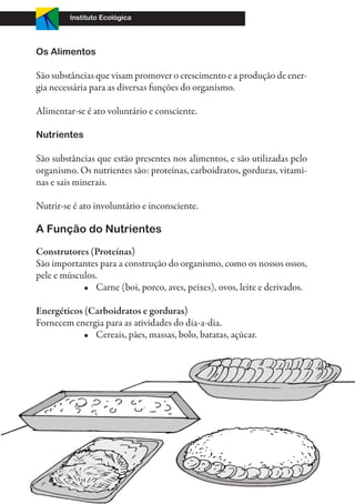 Instituto Ecológica




Os Alimentos

São substâncias que visam promover o crescimento e a produção de ener-
gia necessária para as diversas funções do organismo.

Alimentar-se é ato voluntário e consciente.

Nutrientes

São substâncias que estão presentes nos alimentos, e são utilizadas pelo
organismo. Os nutrientes são: proteínas, carboidratos, gorduras, vitami-
nas e sais minerais.

Nutrir-se é ato involuntário e inconsciente.

A Função do Nutrientes

Construtores (Proteínas)
São importantes para a construção do organismo, como os nossos ossos,
pele e músculos.
            •	 Carne (boi, porco, aves, peixes), ovos, leite e derivados.

Energéticos (Carboidratos e gorduras)
Fornecem energia para as atividades do dia-a-dia.
            •	 Cereais, pães, massas, bolo, batatas, açúcar.




6
 