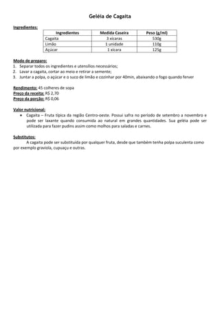 Geléia de Cagaita
 
Ingredientes: 
                        Ingredientes            Medida Caseira            Peso (g/ml) 
                  Cagaita                          3 xícaras                 530g 
                  Limão                           1 unidade                  110g 
                  Açúcar                           1 xícara                  125g 
 
Modo de preparo: 
1. Separar todos os ingredientes e utensílios necessários;  
2. Lavar a cagaita, cortar ao meio e retirar a semente; 
3. Juntar a polpa, o açúcar e o suco de limão e cozinhar por 40min, abaixando o fogo quando ferver 
 
Rendimento: 45 colheres de sopa 
Preço da receita: R$ 2,70 
Preço da porção: R$ 0,06  
 
Valor nutricional: 
   • Cagaita – Fruta típica da região Centro‐oeste. Possui safra no período de setembro a novembro e 
       pode  ser  laxante  quando  consumida  ao  natural  em  grandes  quantidades.  Sua  geléia  pode  ser 
       utilizada para fazer pudins assim como molhos para saladas e carnes.  
 
Substitutos: 
       A cagaita pode ser substituída por qualquer fruta, desde que também tenha polpa suculenta como 
por exemplo graviola, cupuaçu e outras. 
 
 
 
 
 
 
 
 
 
 
 
 
 
 
 
 
 
 
 
 
 
 
 
 
 
 
 
 
 
 