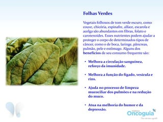 Folhas Verdes
Vegetais folhosos de tom verde escuro, como
couve, chicória, espinafre, alface, escarola e
acelga são abundantes em fibras, folato e
carotenoides. Esses nutrientes podem ajudar a
proteger o corpo de determinados tipos de
câncer, como o de boca, laringe, pâncreas,
pulmão, pele e estômago. Alguns dos
benefícios de seu consumo frequente são:
• Melhora a circulação sanguínea,
reforço da imunidade.
• Melhora a função do fígado, vesícula e
rins.
• Ajuda no processo de limpeza
mucociliar dos pulmões e na redução
do muco.
• Atua na melhoria do humor e da
depressão.
 