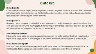 Dieta Oral
Dieta branda
Composta por arroz, feijão, carne, legumes, salada, vegetais cozidos e frutas. São utilizados
principalmente com alimentos de fácil mastigação e gestão, sendo indicada para pacientes
que possuam complicações nesse sentido.
Dieta pastosa
Atua em casos um pouco mais delicados, nos quais o paciente precisa ingerir os alimentos
com pouca ou nenhuma mastigação. É formada por alimentos cozidos e aqueles que podem
ser transformados em purê, papinhas ou amassados.
Dieta Líquida-pastosa
É prescrita para pacientes que possuem problemas no trato gastrointestinal, mastigação,
digestão e deglutição. A preparação é feita com alimentos liquidificados e amassados.
Dieta líquida completa
Indicada para pacientes que precisam se hidratar, com problemas gastrointestinais e de
mastigação. Na sua preparação entram caldos, sopas, sucos de fruta e mingais.
 