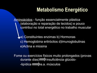 Metabolismo Energético
Aminoácidos - função essencialmente plástica
   (elaboração e reparação de tecidos) e pouco
   contribui no total energético no trabalho muscular

    a) Constituintes enzimas b) Hormonas
    c) Hemoglobina eritrócitos d)Imunoglobulinas
    e)Actina e miosina

Fome ou exercícios físicos muito prolongados (provas
   durante dias)      insuficiência glúcido-
   -lipídica     a.a. músculos
 