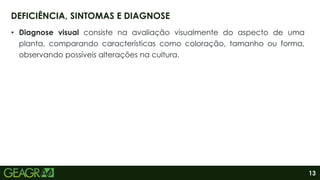 13
• Diagnose visual consiste na avaliação visualmente do aspecto de uma
planta, comparando características como coloração, tamanho ou forma,
observando possíveis alterações na cultura.
DEFICIÊNCIA, SINTOMAS E DIAGNOSE
 