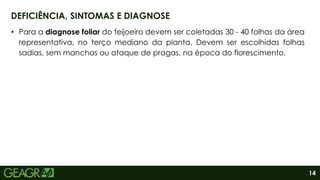 14
• Para a diagnose foliar do feijoeiro devem ser coletadas 30 - 40 folhas da área
representativa, no terço mediano da planta. Devem ser escolhidas folhas
sadias, sem manchas ou ataque de pragas, na época do florescimento.
DEFICIÊNCIA, SINTOMAS E DIAGNOSE
 