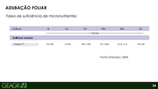 34
Faixa de suficiência de micronutrientes
ADUBAÇÃO FOLIAR
Fonte: Embrapa, 2004.
 