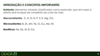 4
Nutriente: elementos minerais classificados como essenciais, que sem esses a
planta será incapaz de completar seu ciclo de vida;
Macronutrientes: C, H, O, N, P, S, K, Mg, Ca;
Micronutrientes: B, Zn, Mn, Fe, Cl, Cu, Mo, Ni;
Benéficos: Na, Se, Al, Si, Co.
INTRODUÇÃO E CONCEITOS IMPORTANTES
 