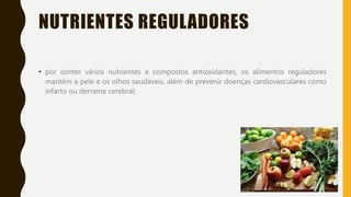 NUTRIENTES REGULADORES
• por conter vários nutrientes e compostos antioxidantes, os alimentos reguladores
mantém a pele e os olhos saudáveis, além de prevenir doenças cardiovasculares como
infarto ou derrame cerebral;
 
