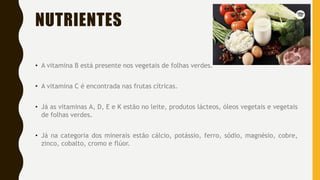 NUTRIENTES
• A vitamina B está presente nos vegetais de folhas verdes.
• A vitamina C é encontrada nas frutas cítricas.
• Já as vitaminas A, D, E e K estão no leite, produtos lácteos, óleos vegetais e vegetais
de folhas verdes.
• Já na categoria dos minerais estão cálcio, potássio, ferro, sódio, magnésio, cobre,
zinco, cobalto, cromo e flúor.
 