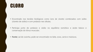 CLORO
• Encontrado nos tecidos biológicos como íons de cloreto combinados com sódio
(cloreto de sódio) e com potássio nas células;
• Participa junto do potássio e sódio no equilíbrio osmótico e ácido básico e
conservação do tônus muscular;
• Fonte: sal de cozinha, pode ser encontrado no leite, ovos, carne e mariscos.
 