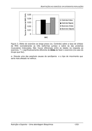 ADAPTAÇÕES AO EXERCÍCIO EM DIFERENTES POPULAÇÕES 
Figura 3. Efeito do exercício ao longo prazo (vs. Controle) sobre a taxa de síntese 
da MHC (considerando as três isoformas juntas) e sobre às das proteínas 
musculares misturadas. Não houve diferenças entre as idades na resposta ao 
exercício. * = significativamente diferente de Antes de fazer o exercício (no caso do 
Grupo que fez). 
e- Discuta uma das possíveis causas da sarcôpenia e o tipo de movimento que 
seria mais afetado na velhice. 
Nutrição e Esporte – Uma abordagem Bioquímica -102- 
 