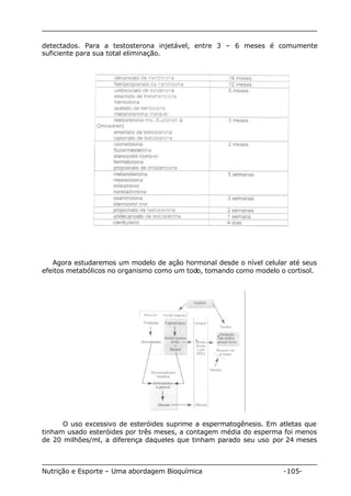 detectados. Para a testosterona injetável, entre 3 – 6 meses é comumente 
suficiente para sua total eliminação. 
Agora estudaremos um modelo de ação hormonal desde o nível celular até seus 
efeitos metabólicos no organismo como um todo, tomando como modelo o cortisol. 
O uso excessivo de esteróides suprime a espermatogênesis. Em atletas que 
tinham usado esteróides por três meses, a contagem média do esperma foi menos 
de 20 milhões/ml, a diferença daqueles que tinham parado seu uso por 24 meses 
Nutrição e Esporte – Uma abordagem Bioquímica -105- 
 
