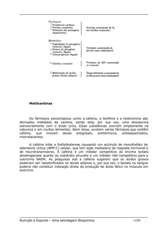 Metilxantinas 
Os fármacos psicotrópicos como a cafeína, a teofilina e a teobromina são 
derivados metilados da xantina, sendo esta, por sua vez, uma dioxipurina 
estruturalmente com o ácido úrico. Estas substâncias ocorrem amplamente na 
natureza e em muitos alimentos. Alem disso, existem vários fármacos que contêm 
cafeína, que incluem desde antigripais, antitérmicos, antiespasmódico, 
miorrelaxantes. 
A cafeína inibe a fosfodiesterase causando um acúmulo de monofosfato de 
adenosina cíclica (AMP-C) celular, que tem ação mediadora da resposta hormonal e 
de neurotransmisores. A cafeína é um inibidor competitivo da enzima lactato 
desidrogenase quanto ao substrato piruvato e um inibidor não-competitivo para a 
coenzima NADH. As pesquisas sob a cafeína sugerem que os ácidos graxos 
poderiam ser reesterificados no tecido adiposo e, por sua vez, o lactato no sangue 
poderia não constituir indicação direta da produção de ácido lático no músculo em 
exercício. 
Nutrição e Esporte – Uma abordagem Bioquímica -110- 
 